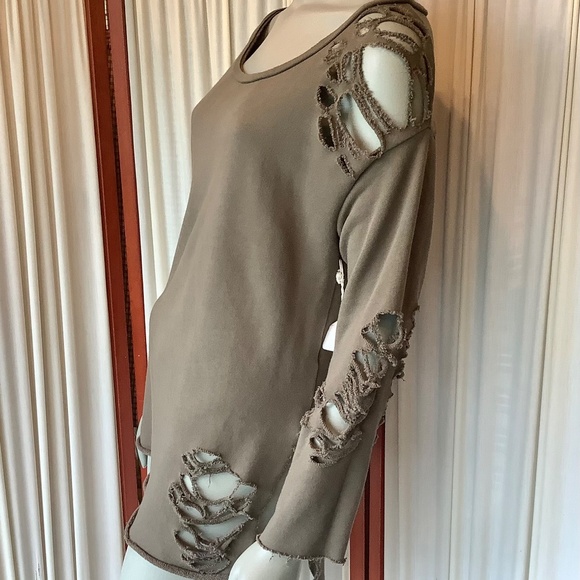 NSF Womens Distressed Destroyed Sweatshirt Top Khaki Green Size Small - Picture 3 of 7